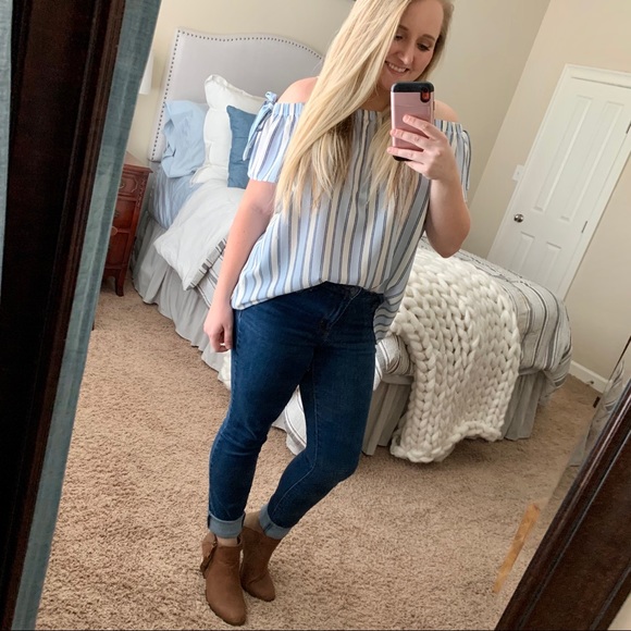 AUW Off-Shoulder Blue Striped Blouse Large - Picture 9 of 9